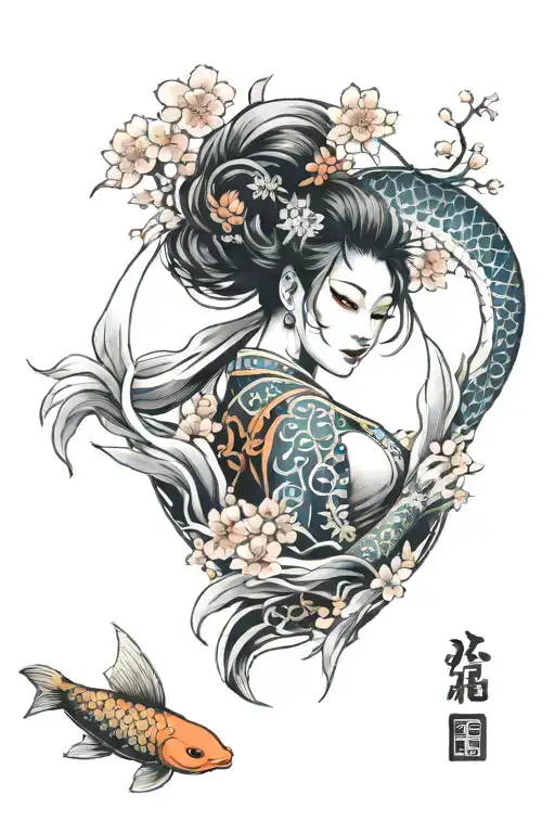 japanese full sleeve tattoo including oni mask and cherry blossoms and a woman and a tori gate and koi fish and waves tattoo design idea