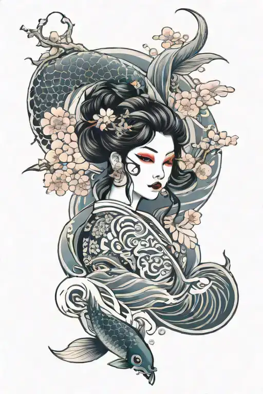 japanese full sleeve tattoo including oni mask, cherry blossoms, a woman, tori gate, koi fish, waves, moon  tattoo design idea