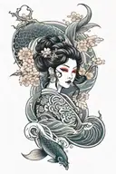 japanese full sleeve tattoo including oni mask, cherry blossoms, a woman, tori gate, koi fish, waves, moon  tattoo design idea
