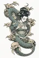 japanese full sleeve tattoo including oni mask, cherry blossoms, a woman, tori gate, koi fish, waves, moon  tattoo design idea