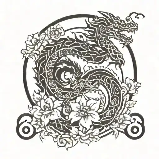 a mother dragon dancing with her baby girl dragon amongst flowers, peacefully in a henna design  tattoo design idea