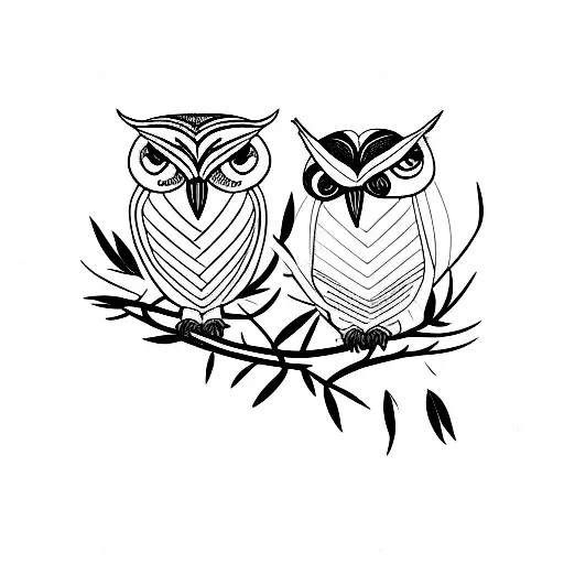 fine line two realistic owls on a branch with australian native flowers  tattoo design idea