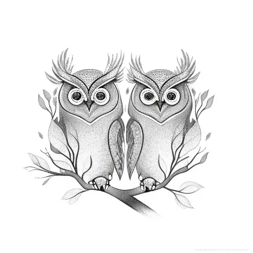 two owls on a branch with australian native flowers  tattoo design idea