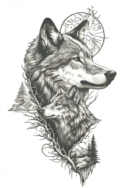 wolf, deer, and mountains across tattoo design idea