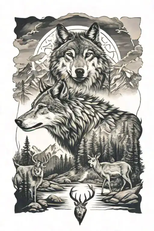 wolf, deer, and mountains across tattoo design idea