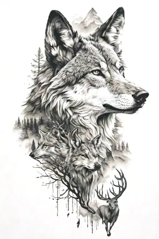 wolf, deer, and mountains across tattoo design idea