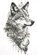 wolf, deer, and mountains across tattoo design idea