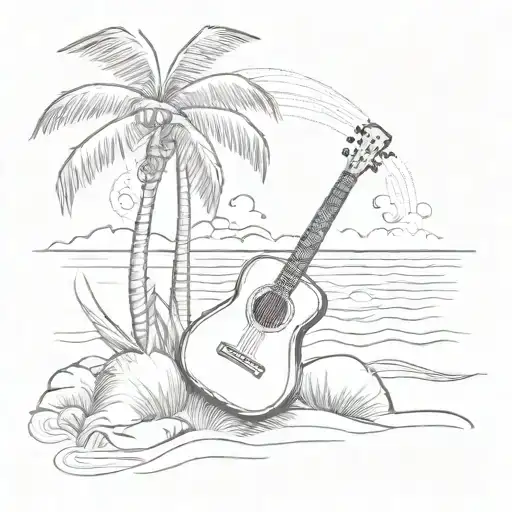 A sketch of a peaceful beach with a guitar leaning against a palm tree, capturing the essence of music and relaxation tattoo design idea