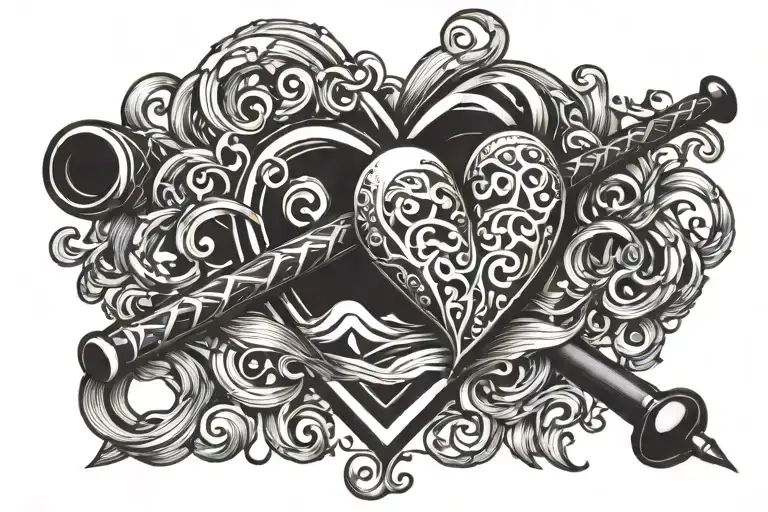 A pool cue and a heart intertwined with waves tattoo design idea