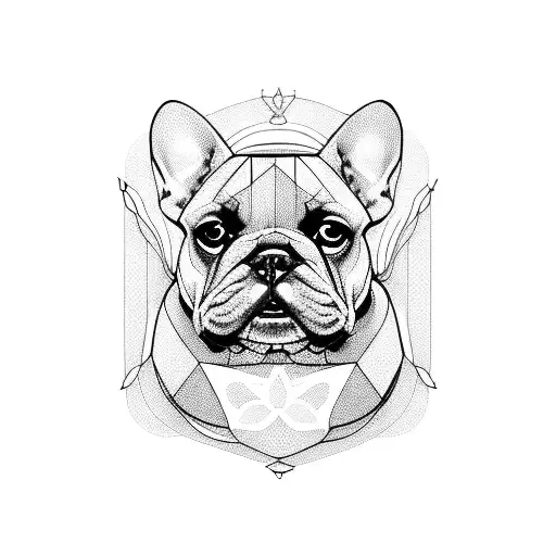 A geometric design of a French bulldog surrounded by flowers tattoo design idea