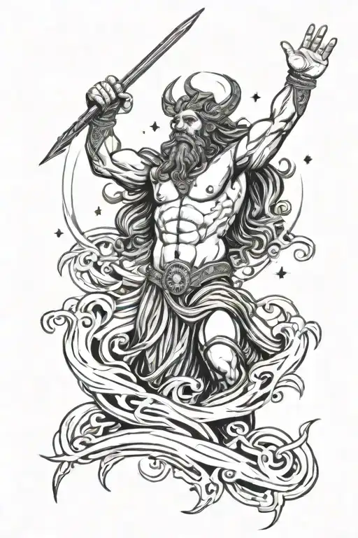 Poseidon trident surrounded by stars and wind and storm and lightning but waves below him holding his hand up  tattoo design idea