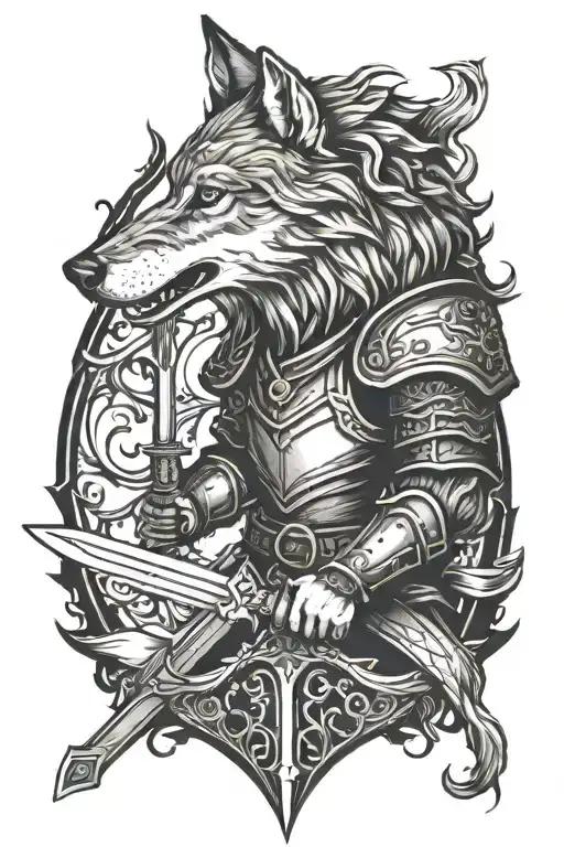 wolf and a knight holding a sword   tattoo design idea
