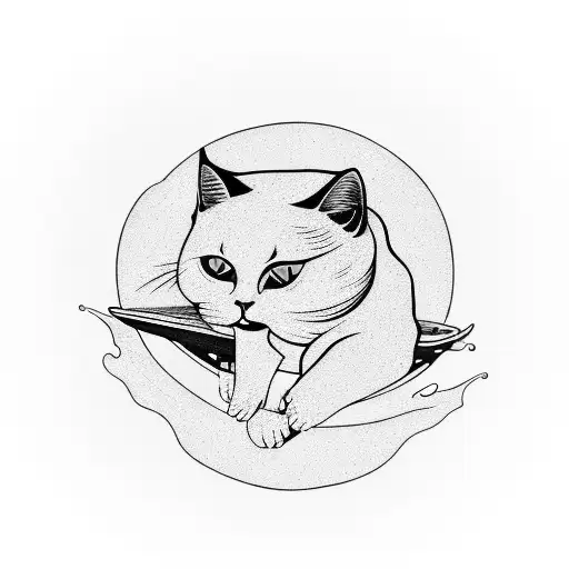 A surrealistic scene of a skateboarding cat riding a wave at sunset tattoo design idea