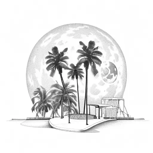 A detailed illustration of a skatepark with palm trees and a full moon in the background tattoo design idea