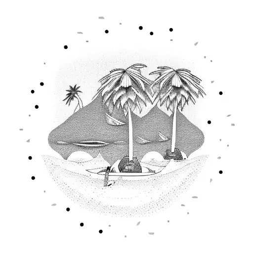 A dotwork illustration of a beach bonfire with surfboards and skateboards leaning against palm trees tattoo design idea