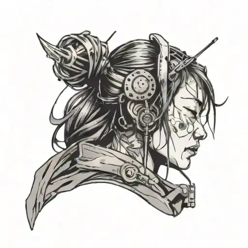 seijaku in Japanese, and above that a woman with her eyes closed crying, with a cyberpunk style. tattoo design idea