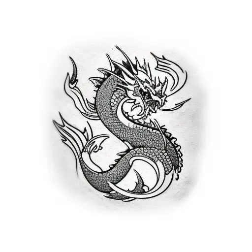A tattoo sleeve design that contains a Japanese style dragon, 2 Koi fish and Sakura flowers tattoo design idea