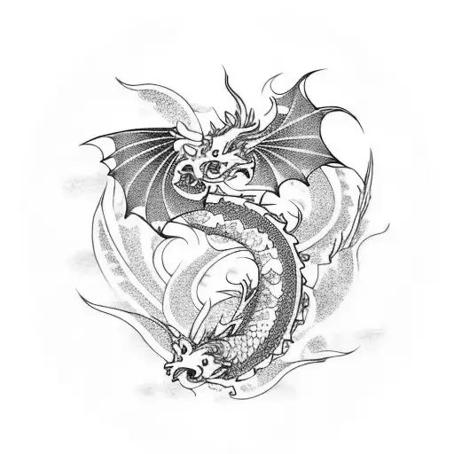 A tattoo sleeve design that contains a Japanese style dragon, 2 Koi fish and Sakura flowers tattoo design idea