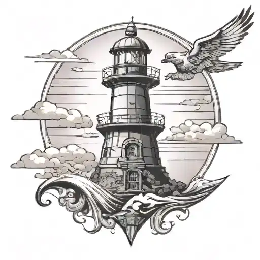 A majestic lighthouse overlooking a serene ocean scene with a firefighter's helmet incorporated tattoo design idea