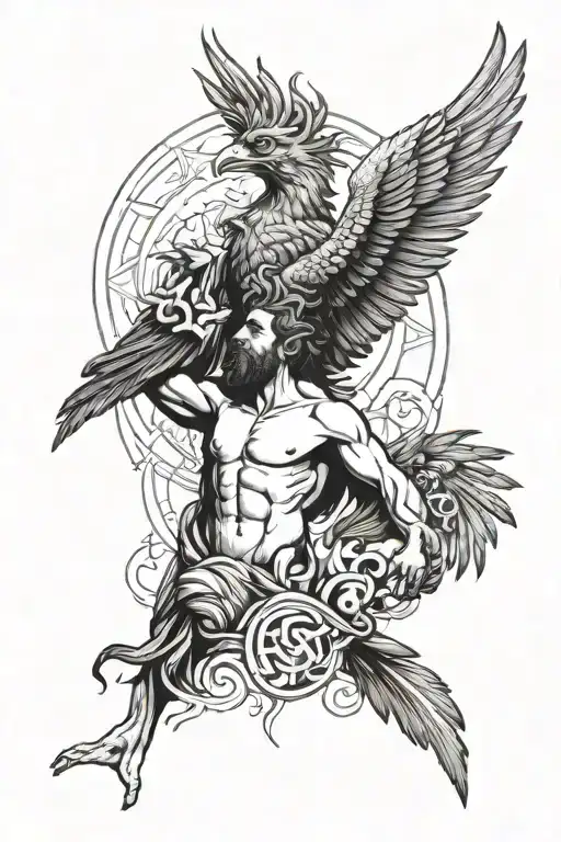 Phoenix bird with greek god atlas holding tattoo design idea