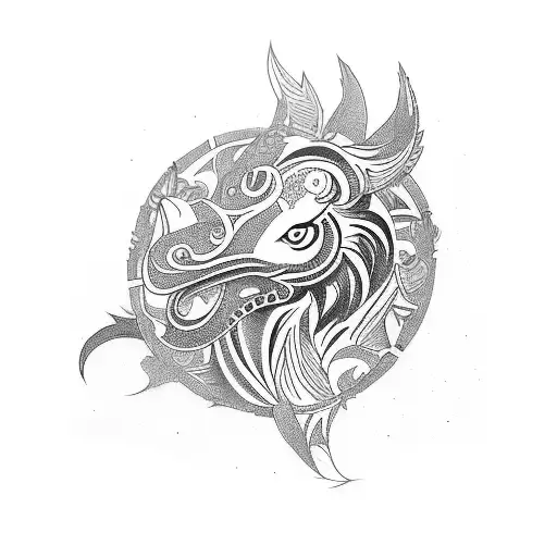 tribal tatoo with rooster, horse AND tiger. hybrid image. tattoo design idea
