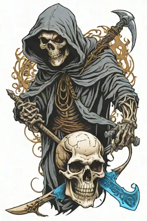 grim reaper with a rat skull holding a scythe with blue glowing eyes tattoo design idea