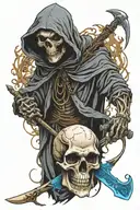 grim reaper with a rat skull holding a scythe with blue glowing eyes tattoo design idea