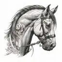 Draw a horse head profile fine line tattoo, using a golf club as the line tattoo design idea