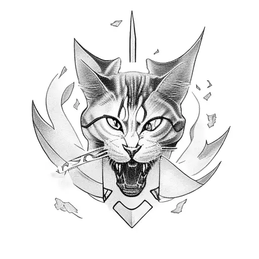 cbr1000rr motorcycle riding off a sword on fire with a white cat on seat tattoo design idea