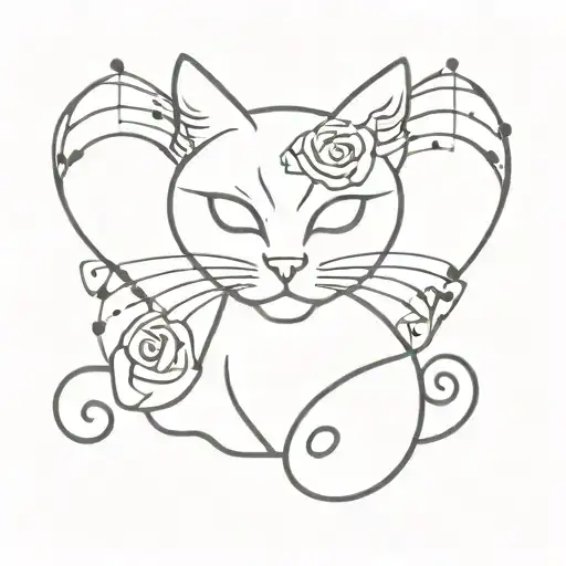 musical notation cat outline with a rose  tattoo design idea