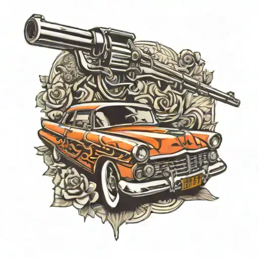 lowrider car with gun mounted tattoo design idea