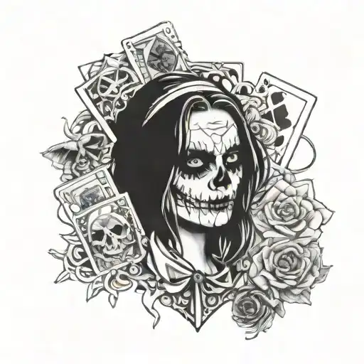 girl skull joker card tattoo design idea