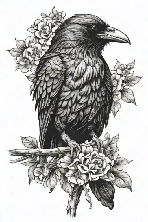 realistic raven drawing on a branch with flowers in black and white tattoo design idea