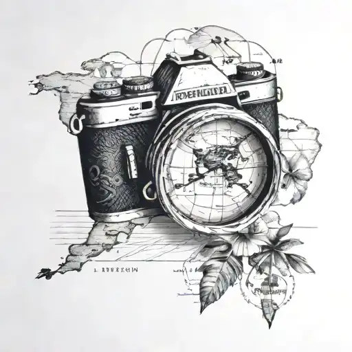 A black-grey tattoo of a vintage map with a camera lens overlay and tropical beach scenery in the background tattoo design idea