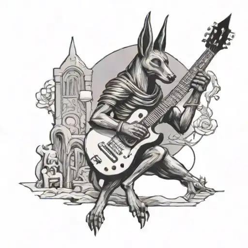 Anubis holding a guitar and surrounded by ghostly figures in a cemetery setting tattoo design idea