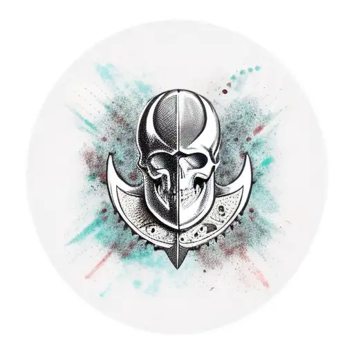 Viking  skull with green eyes and authentic Viking runes, solid dark tattoo design idea