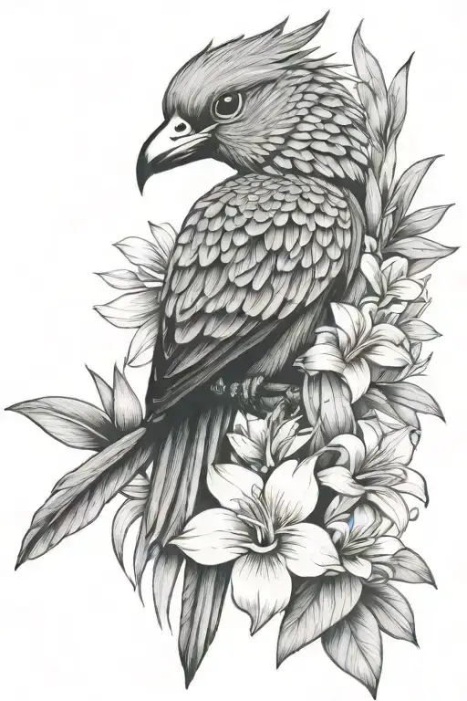 quetzal bird with yucca flower and frangipani flower tattoo design idea