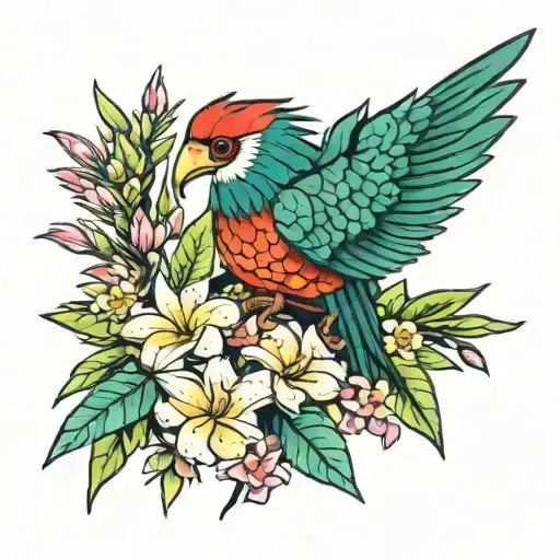 quetzal bird with yucca plant and frangipani  tattoo design idea