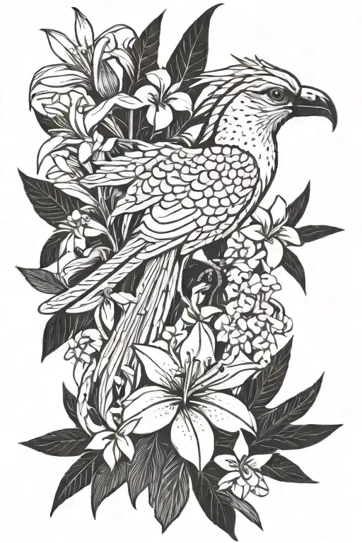 quetzal bird with yucca flower and frangipani flower tattoo design idea