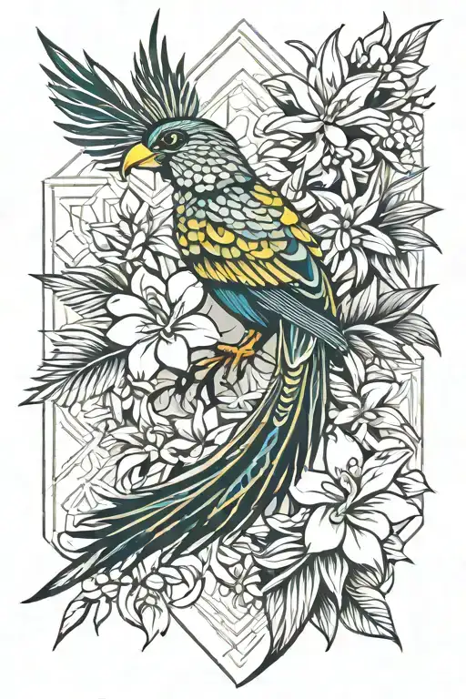 quetzal bird with yucca flower and frangipani flower tattoo design idea