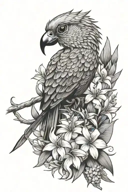 quetzal bird with yucca flower and frangipani flower tattoo design idea