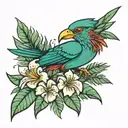 quetzal bird with yucca plant and frangipani  tattoo design idea