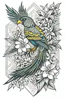 quetzal bird with yucca flower and frangipani flower tattoo design idea