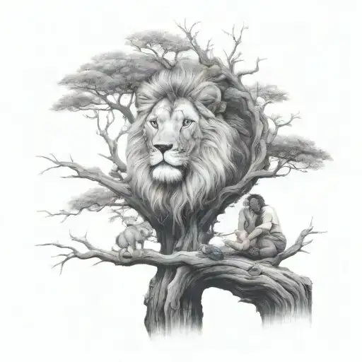 a humane man sitting on the branch of a big tree, lions face in the tree crown  tattoo design idea