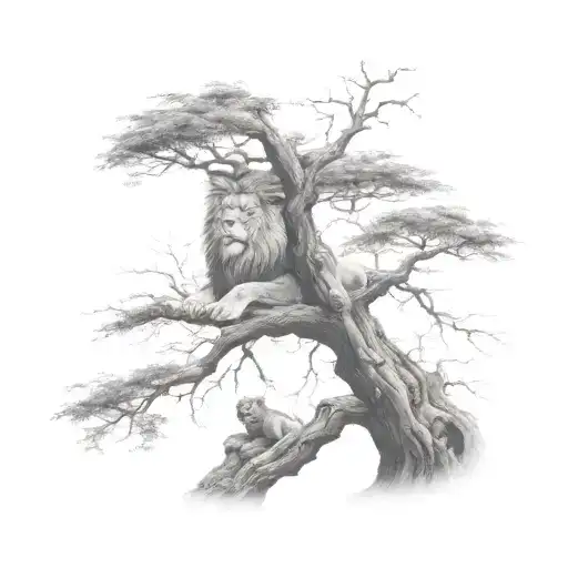 big tree with a human boy sitting on the branch and half face of a lion in the tree crown tattoo design idea