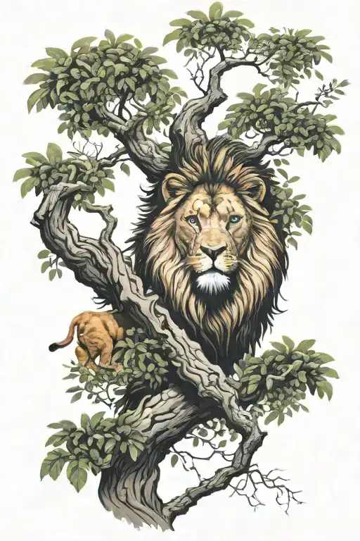 big tree with trunk and inside lion face look to the right side profile, the lion in big tree leaves  tattoo design idea