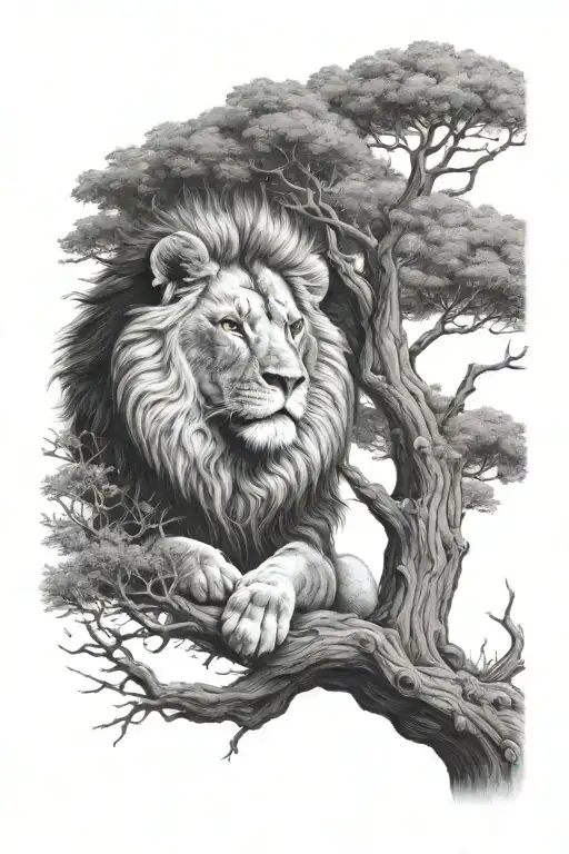babylion sitting on a big tree with big treecrown in optical illusion tattoo design idea