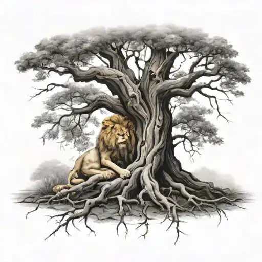 big normal tree with roots in underground, and a lion's face look at the right side in treecrown, a little boy sitting  tattoo design idea