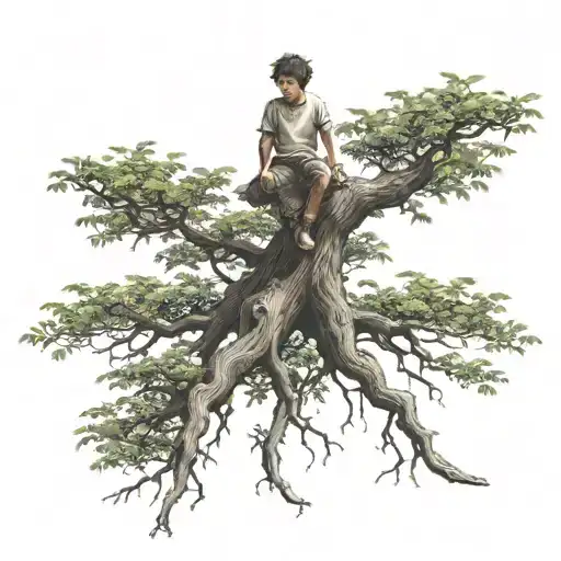 big tree with a boy sitting frontal on a bough without ever having tattoo design idea