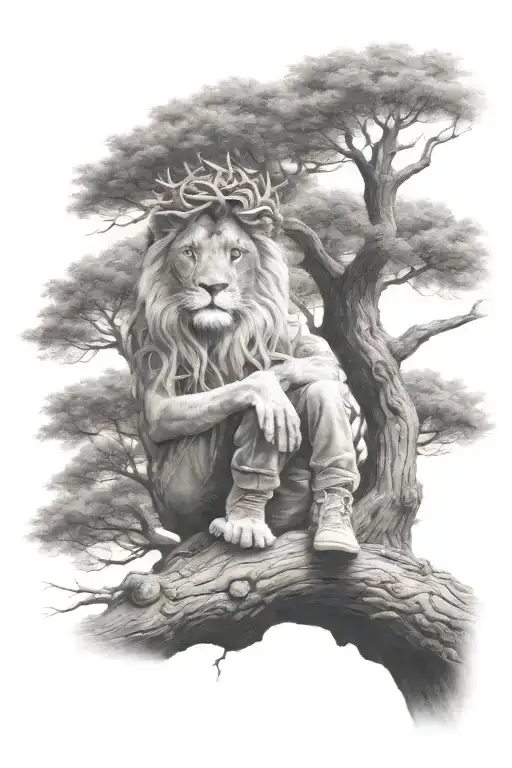 little human boy sitting on tree and in the tree crown is a little lion face look at right side in optical illusion tattoo design idea